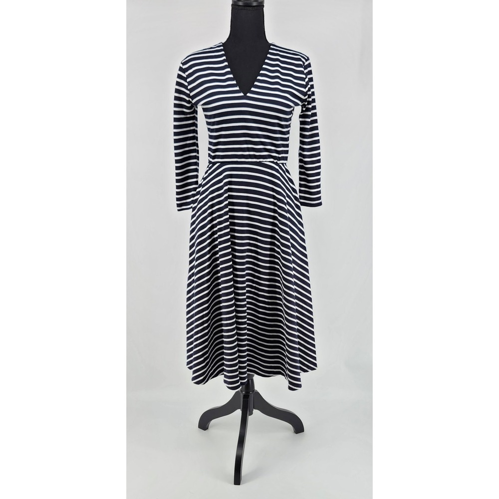 Agnes & Dora Navy Blue White Striped V-Neck Midi Dress Pockets Small 3/4 Sleeve